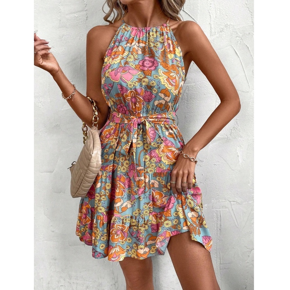 Floral Multicolor Halter Style Flowy Ruffle Mini Dress Tie Belt  Sleeveless